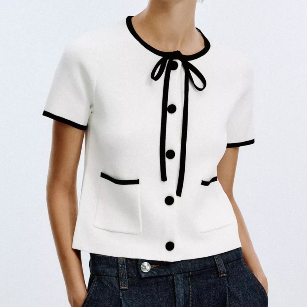 Zara Contrast Trim Cardigan, White and Black, Women’s XS